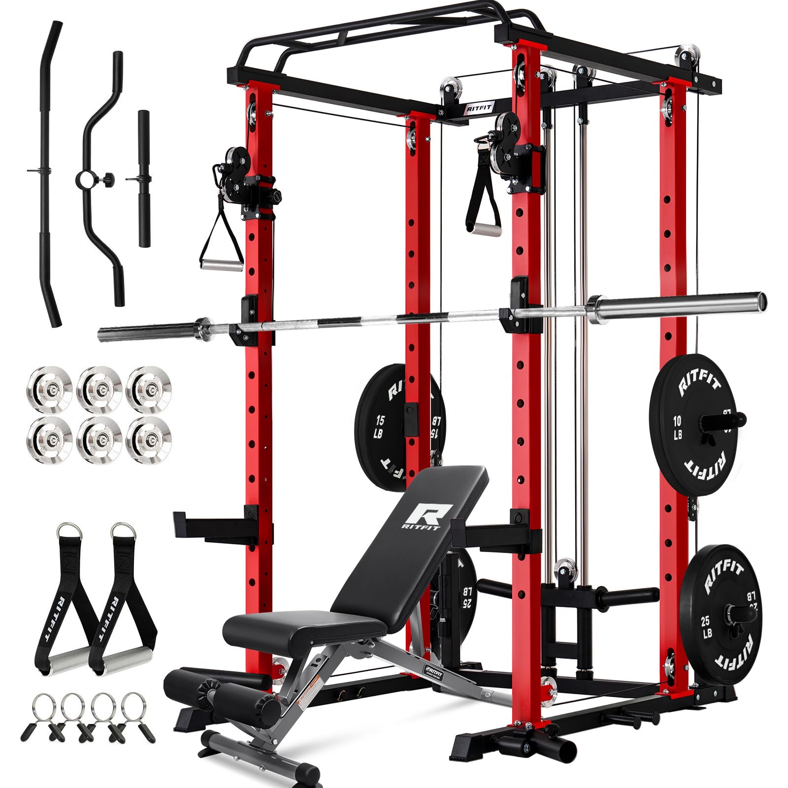 RitFit Multi-Function Garage &amp; Home Gym Package Includes 1200LBS Power Cage PPC03/P3 with Cable Crossover System, Weight Bench, Olympic Barbell Weight Set, Full Body Workout