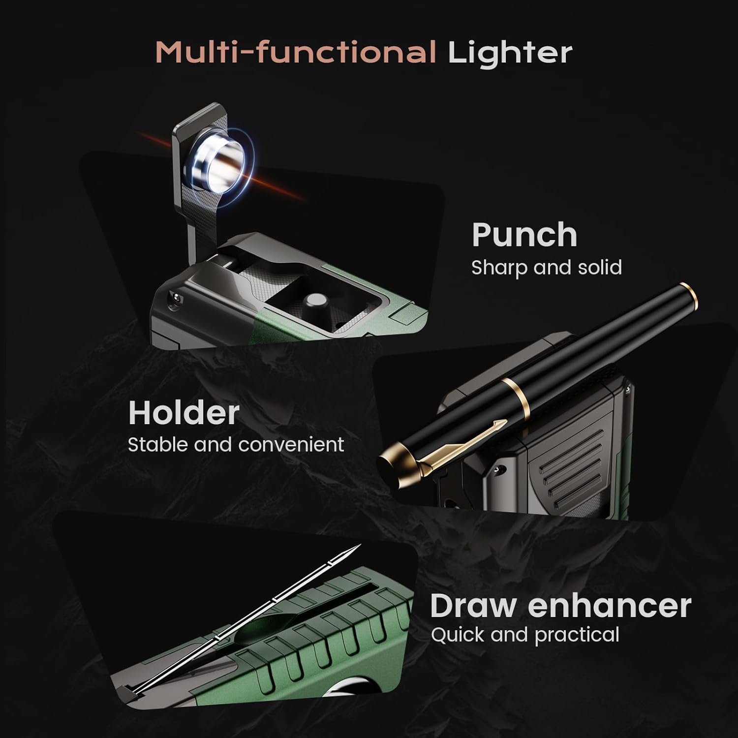 6-in-1 Torch Lighter with V & Straight Cutter, Punch, Holder, Draw Enhancer Tool, Triple Windproof Flame, All-in-one Cool Lighters with Gift Box, Refillable Butane Lighters for Men, Candle