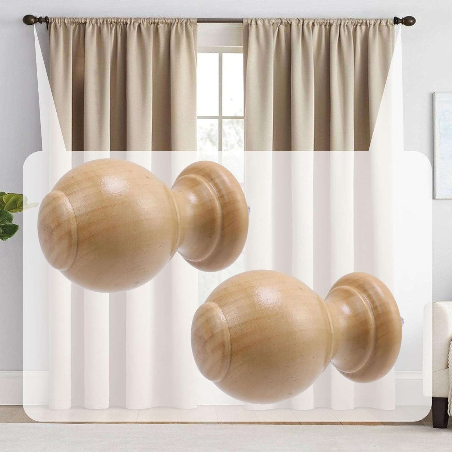 T Tulead 2PCS Wood Finials for Curtain Rod, 1.14 Inch Inner Dia(Wood Color)