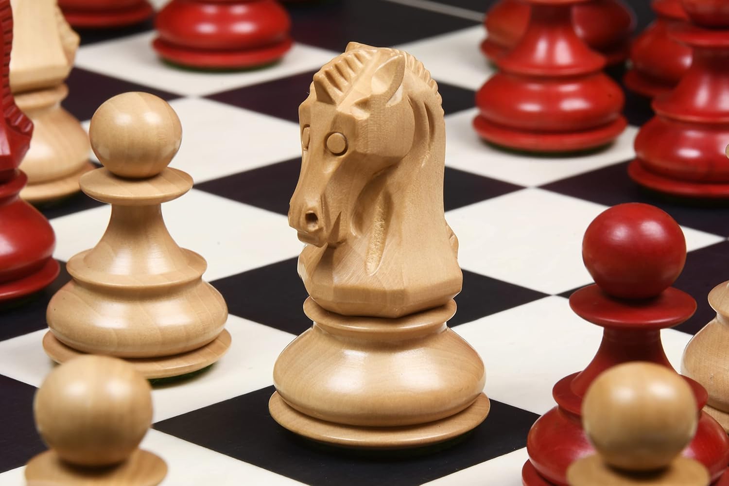 1950 Reproduced Dubrovnik Bobby Fischer Chessmen V3.0 in Stained Crimson Boxwood/Boxwood – 3.7" King | Handcrafted Weighted Chess Set for Collectors & Professionals