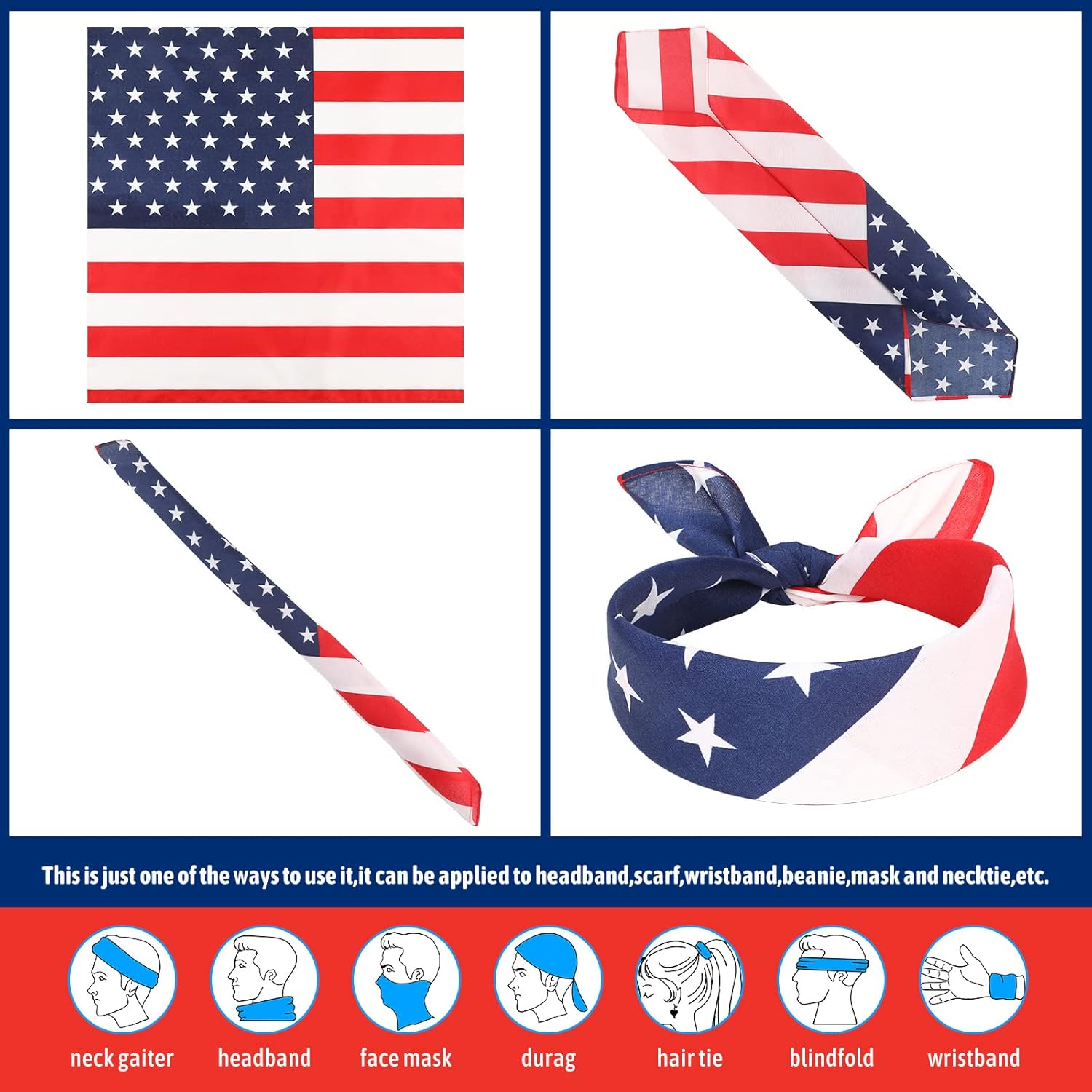 Moukeren 100 Pieces Independence Day American Flag Bandanas USA Bandana 4th of July Accessories for Men Women Pet Patriotic Parades