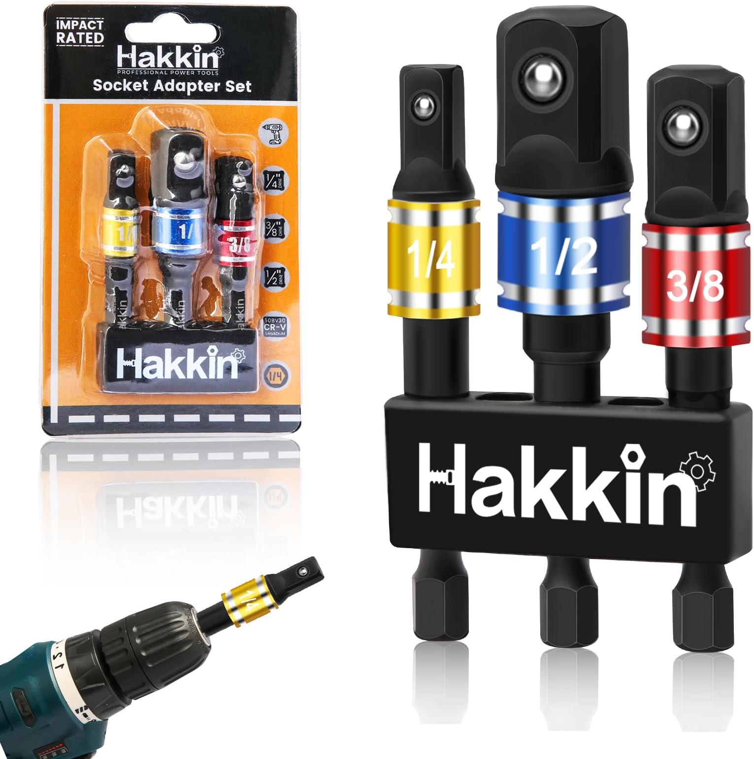 Hakkin 3PCS Impact Grade Socket Adapter/Extension Set Turns Power Drill Into High Speed Nut Driver Torque Impact Wrench. 1/4", 3/8", and 1/2" Drive