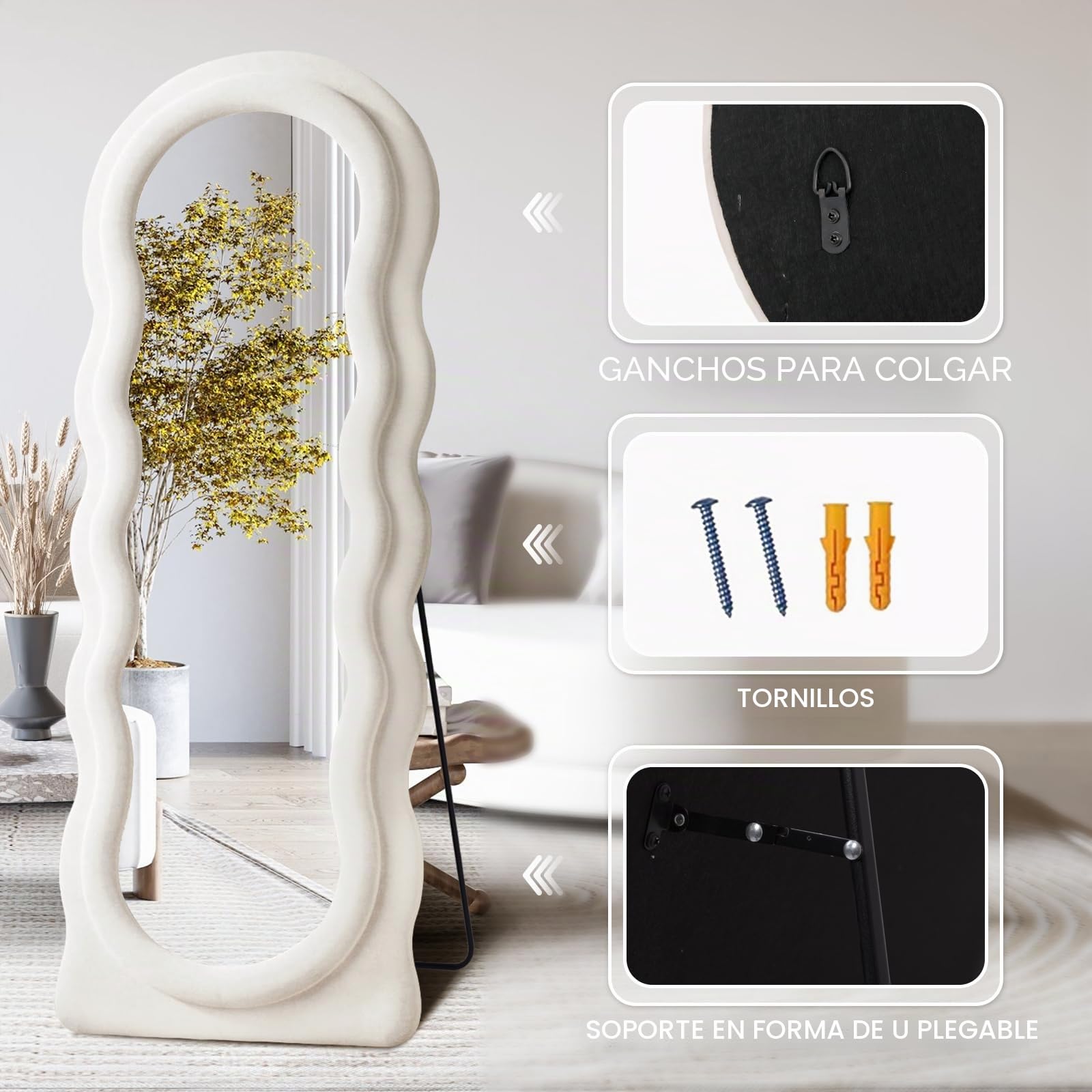 Espejo de cuerpo entero de 160 x 60 cm, irregular ondulado, espejo de cuerpo entero, montaje en pared, espejo de suelo con soporte, marco de franela blanco, espejo de pared inclinado para
