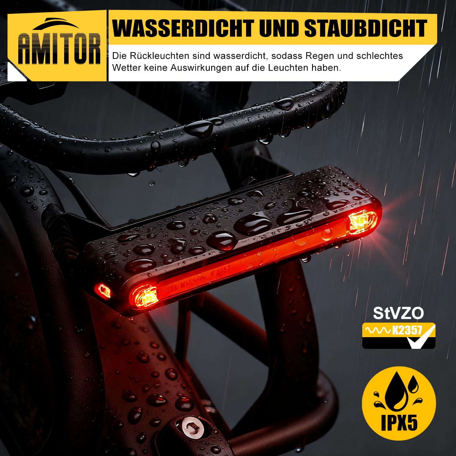 Ebike Feu arrière LED 6-12 V avec feu de freinage, homologué StVZO pour vélo électrique, étanche IPX5, avec câble, sûr et fiable