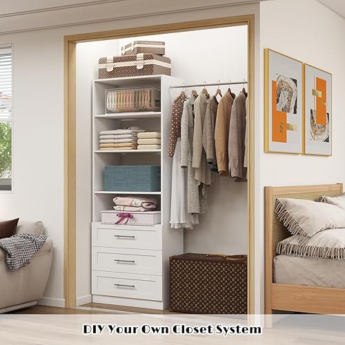 Miniatura 3 de Sistema organizador de armario con cajones, sistema de estantería de armario de madera, pequeño vestidor independiente de esquina con varillas para