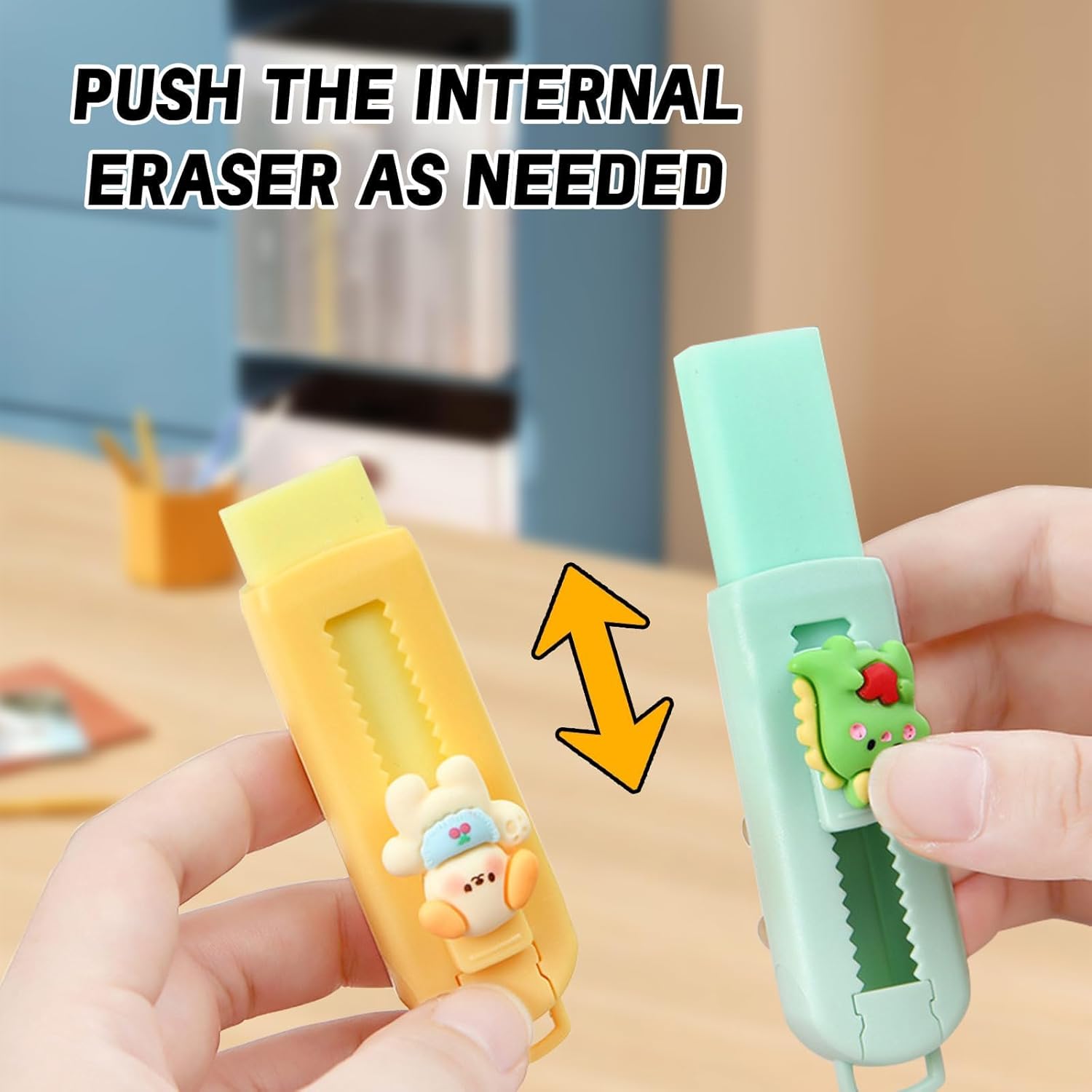 BetterJonny Sliding Retractable Eraser, 4 Color Push Pull Erasers and 8 Refills, Animal Erasers for Pencils Drawing(C)