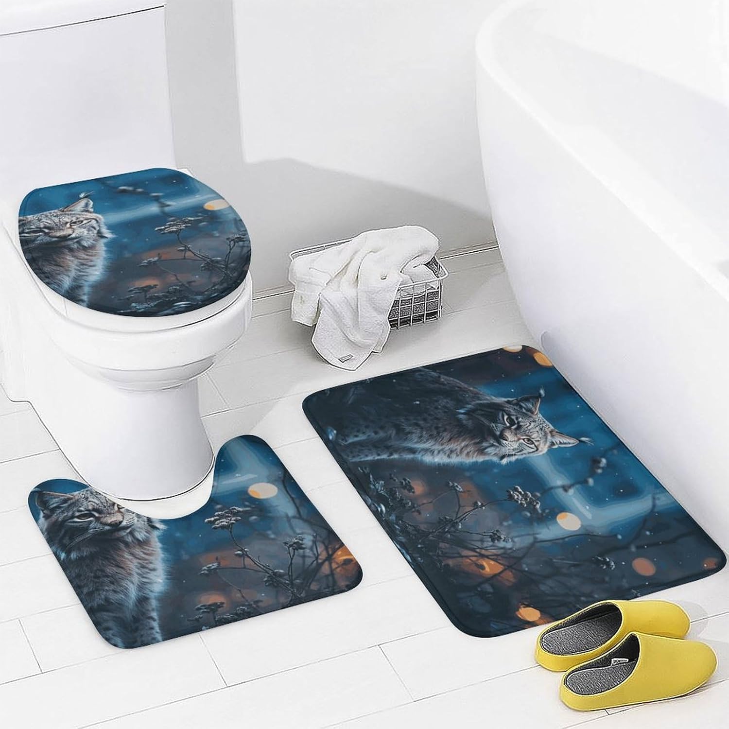 Female Lynx 4Pcs Shower Curtain Set with Non-Slip Rugs, Toilet Lid Cover and Bath Mat,Bathroom Set Decor Accessories,Curtain Set with 12 Hooks, 72 X 72 Inch