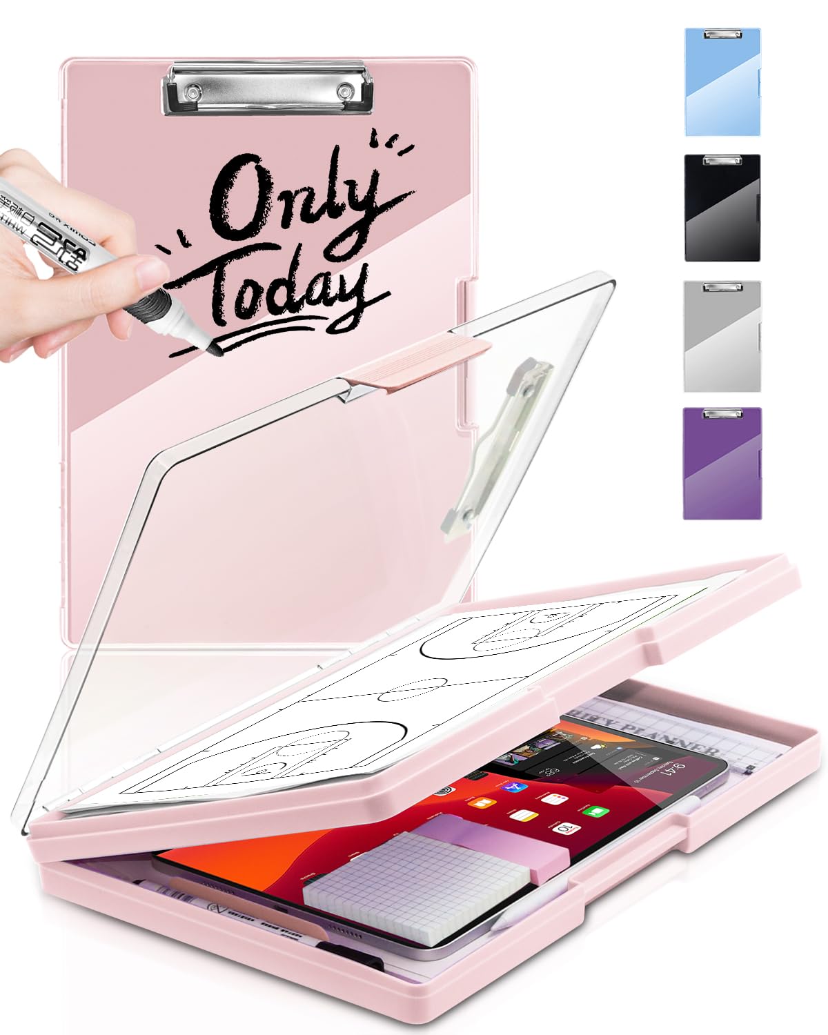 Clearview Clipboard with 2 Storage, Dry Erase 8.5x11 Heavy Duty ClipBoards - High Capacity Coaches Clip Board with Pen Holder - Side Opening Plastic Nursing Clip Case (Pale Pink)
