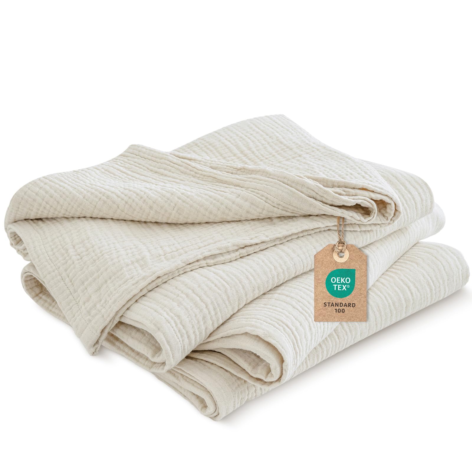 PHF 100% Cotton Muslin Throw Blanket Single Size 130x150cm, 4-Layer Ultra Soft Lightweight Breathable Gauze Blanket for Summer, Elegant Home Decoration for Couch Sofa Bed, Oat Milk
