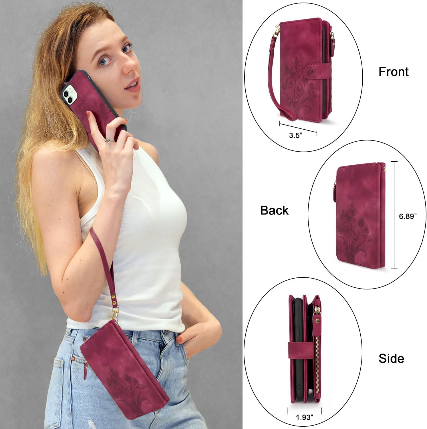 Lacass Compatible with iPhone 12/12 Pro 6.1 inch Case[12 Card Slots] ID Credit Cash Holder Zipper Pocket Detachable Magnet Leather Wallet Cover Wrist Strap Lanyard (Floral Wine Red)