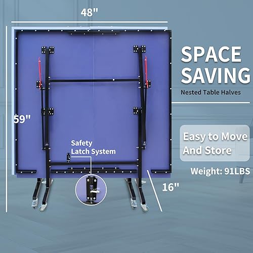 Miniatura 16 de IUNNDS Mesa de tenis de mesa portátil de 4.5/6/8/9 pies, juego de ping pong plegable para interiores con red y juego de postes, 2 paletas y 3