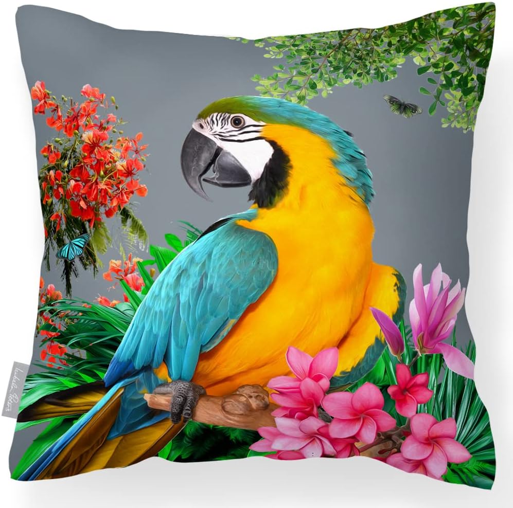 Izabela Peters Waterproof Cushions, 43 cm, Filled Outdoor Cushion, Princely Parrot - Grey, Garden Furniture Cushions