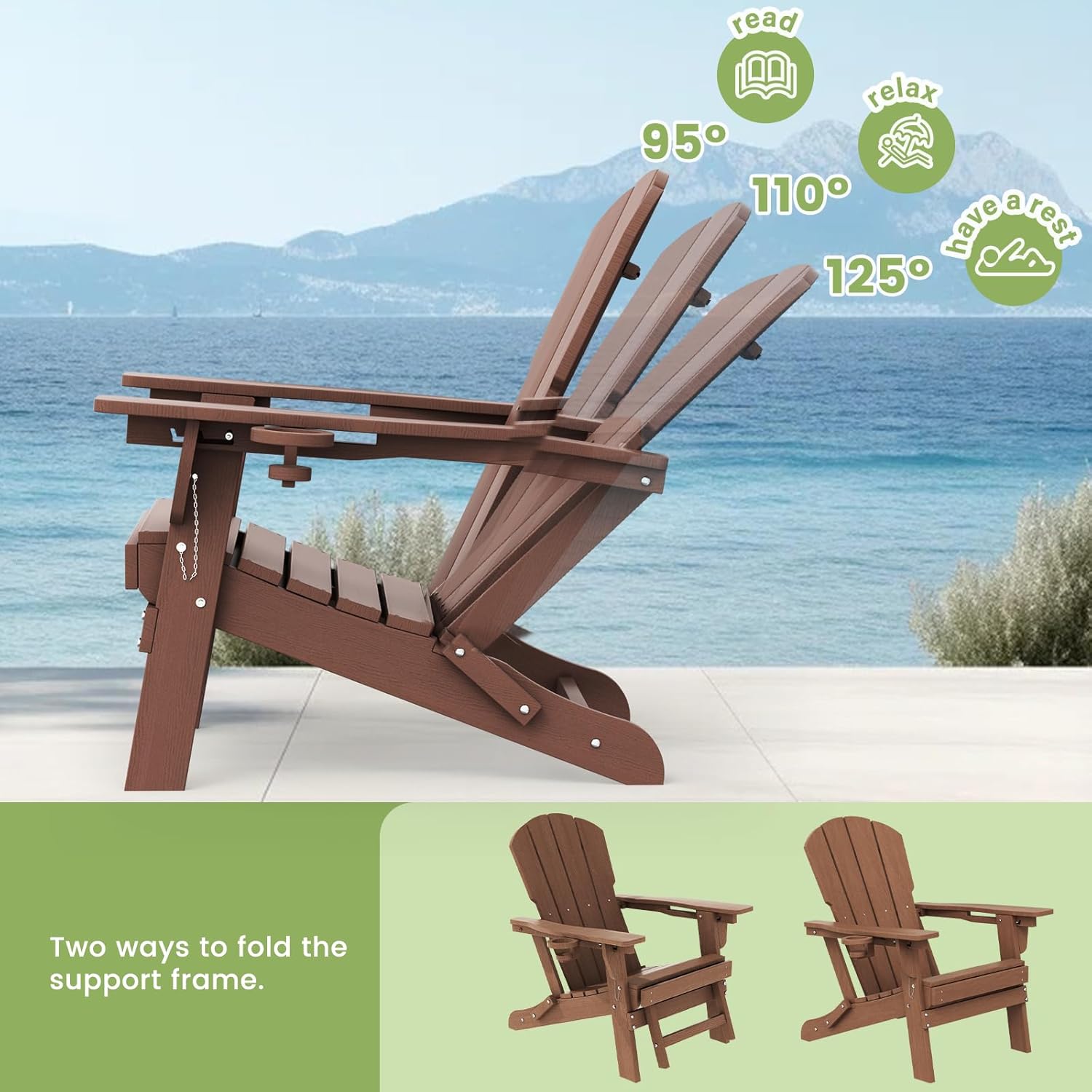 LOUNZY Folding Adjustable Adirondack Chair with Retractable Ottoman, HDPE Recliner Adirondack Chair with Cup Holder for Deck Lawn Fire Pit, Brown