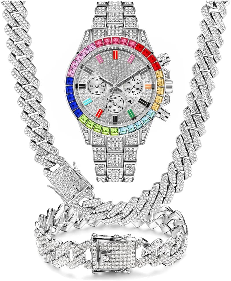 3PC Multicolour Watch + Necklace + Bracelet Hip Hop...