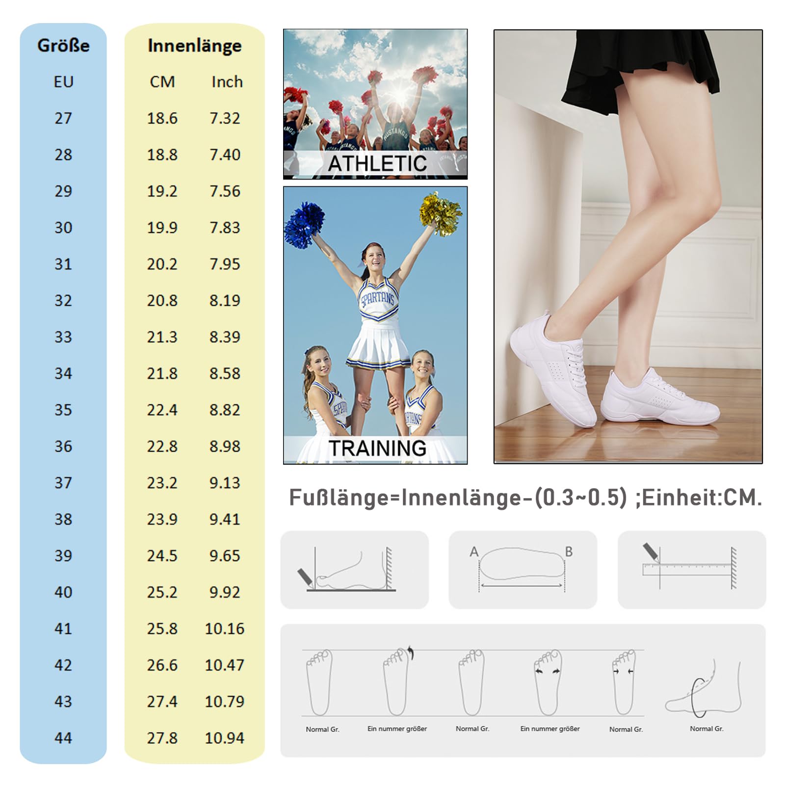 DADAWEN Damen Cheerleading Schuhe Mädchen Sneaker Weiß