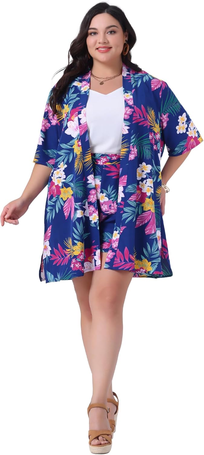 Agnes Orinda Plus Size 2 Piece Outfit for Women Tropical Print Kimono Floral Tops and Shorts Sets Vacation Holiday