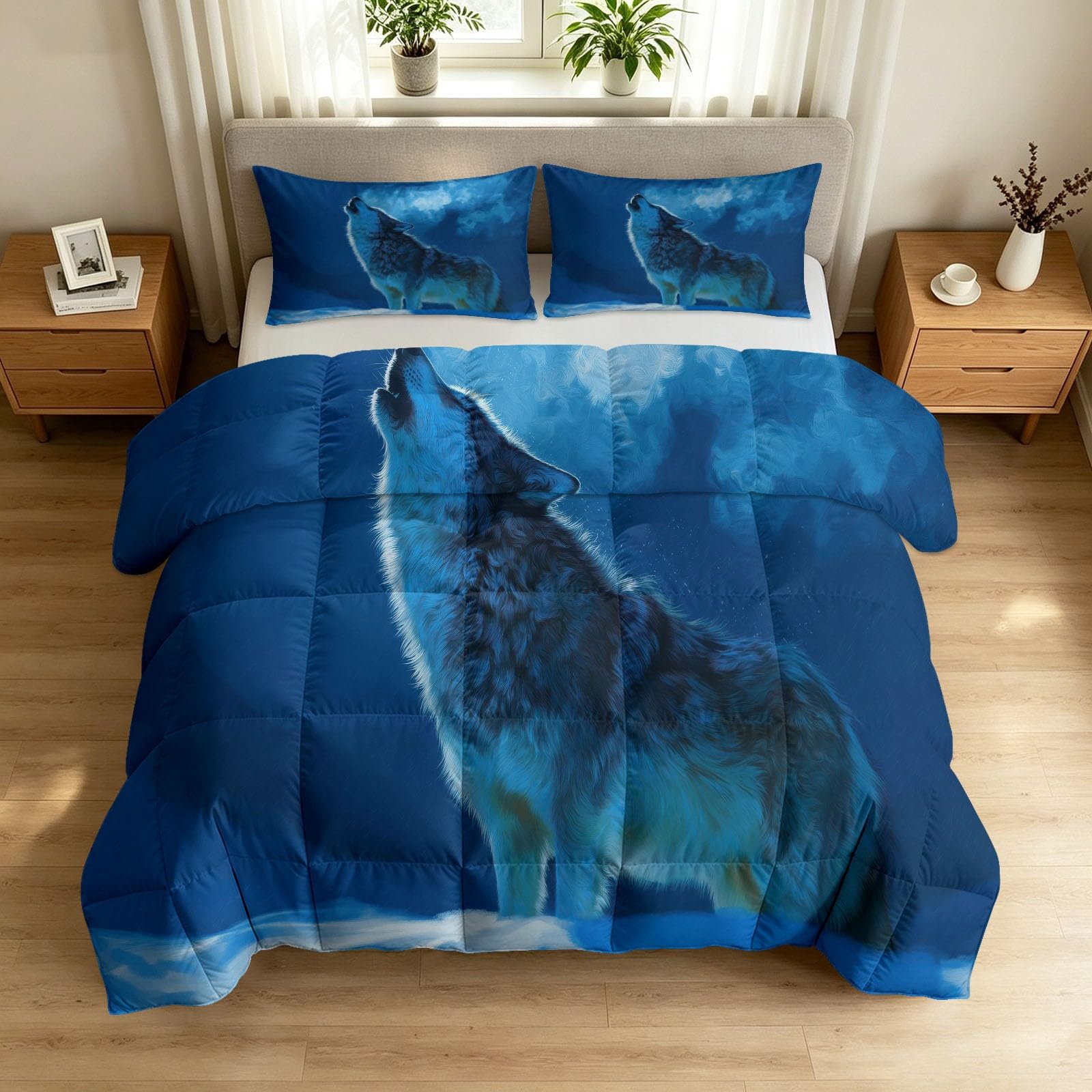 Poszewka na kołdrę pojedynczą 7,5 tog z 2 poszewkami na poduszki – 135 x 200 cm, dwustronna kołdra, fantazyjne zwierzę, wilk i księżyc, lekka i przytulna, antyalergiczna, można prać w pralce