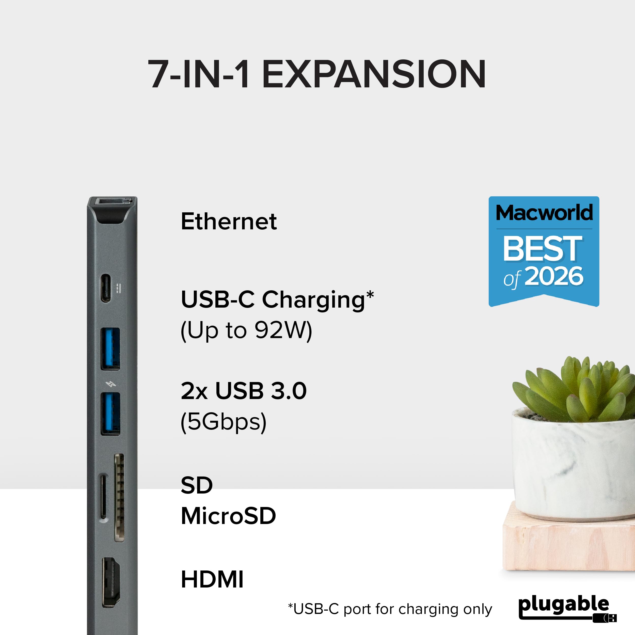 Plugable 7 en 1 Hub USB C Adaptateur Multiport avec Ethernet Compatible avec Mac, Windows, Chromebook, Dell XPS et Thunderbolt 3 (87W Charge, Gigabit Ethernet, 4K HDMI, 2X USB, SD/microSD)