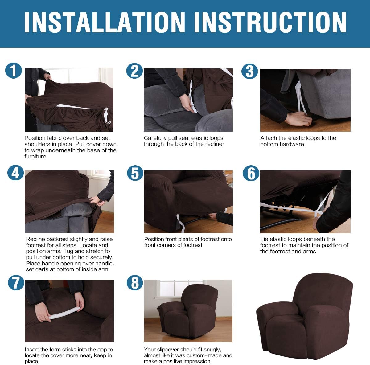 H.VERSAILTEX 1-Piece Recliner Chair Slipcovers Bundle 6-Pieces Recliner Loveseat Covers, Brown