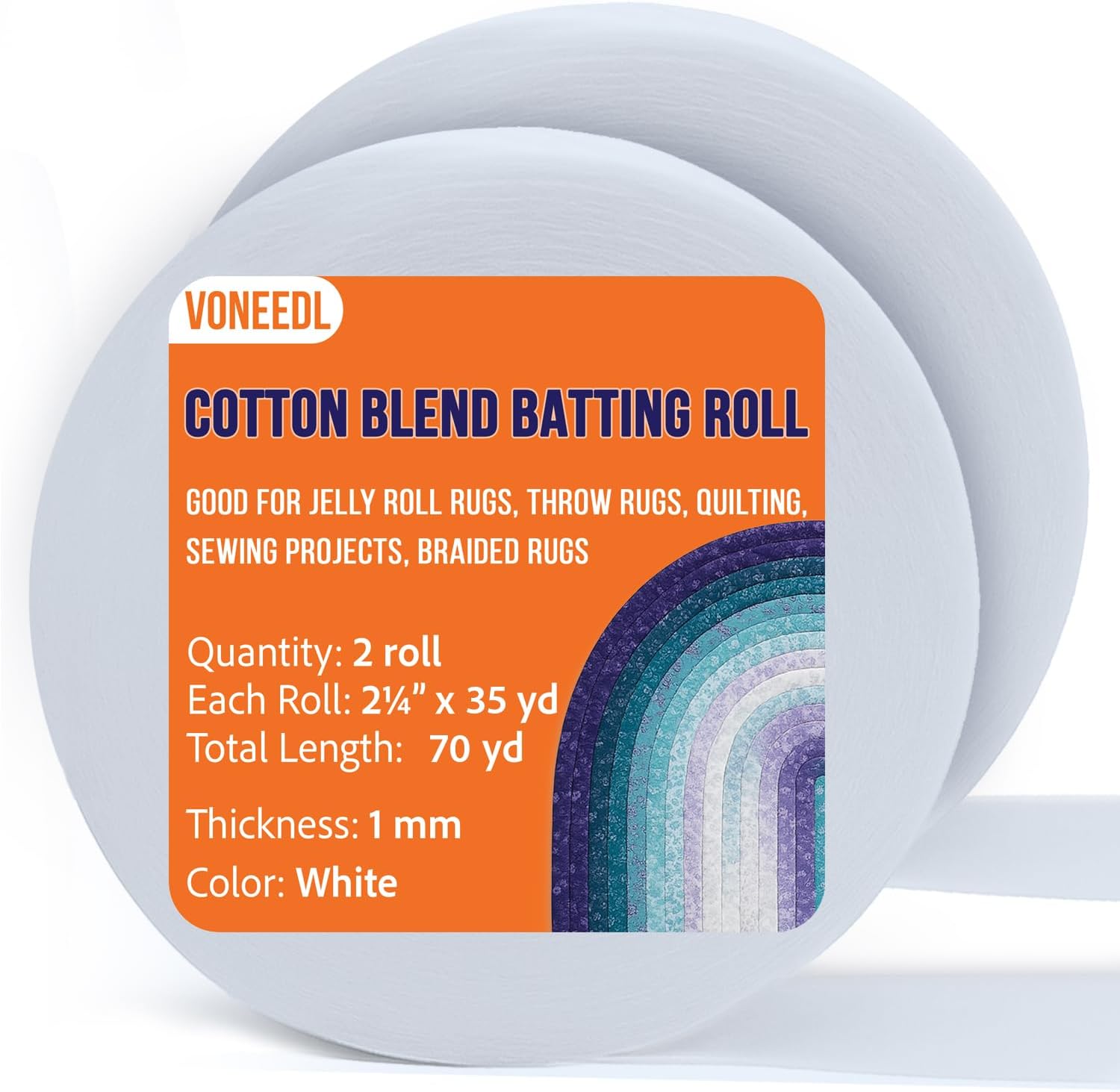 VONEEDL Jelly Roll Batting Strip – 2 1/4 Inch x 50 Yards Cotton Blend Batting Roll for Jelly Roll Rugs, Throw Rugs, Quilting, Sewing Projects, Braided Rugs, 1 Roll, 1.4mm Thick