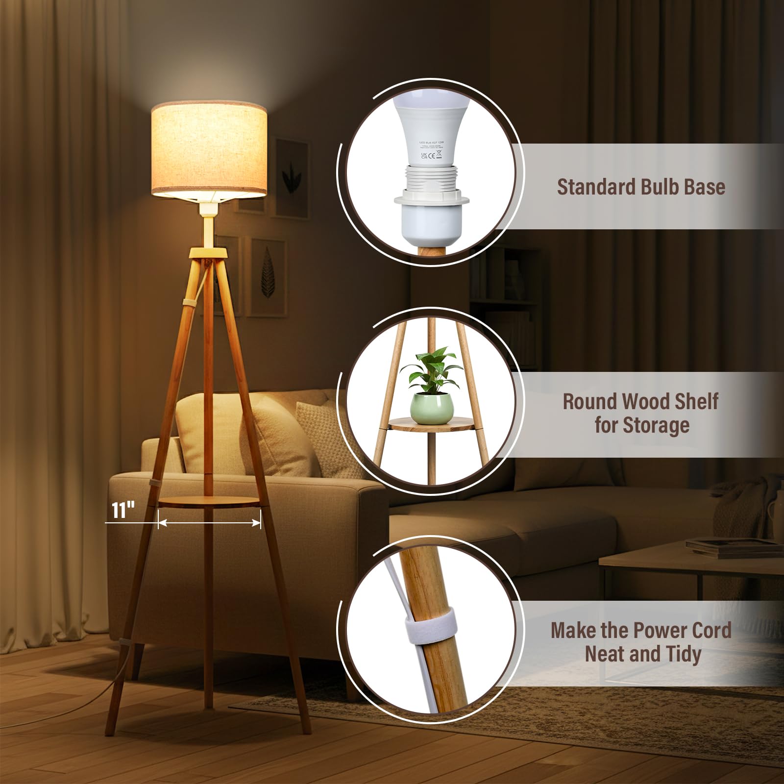 NIKYJM Stehlampe Wohnzimmer mit Regal, Holz Standleuchte LED Dimmbar Dreibein 3 Farbtemperatur Halbe Stunde und Eine Stunde Timerfunktion mit Lampenschirm Fußschalter für Wohnzimmer Schlafzimmer Büro
