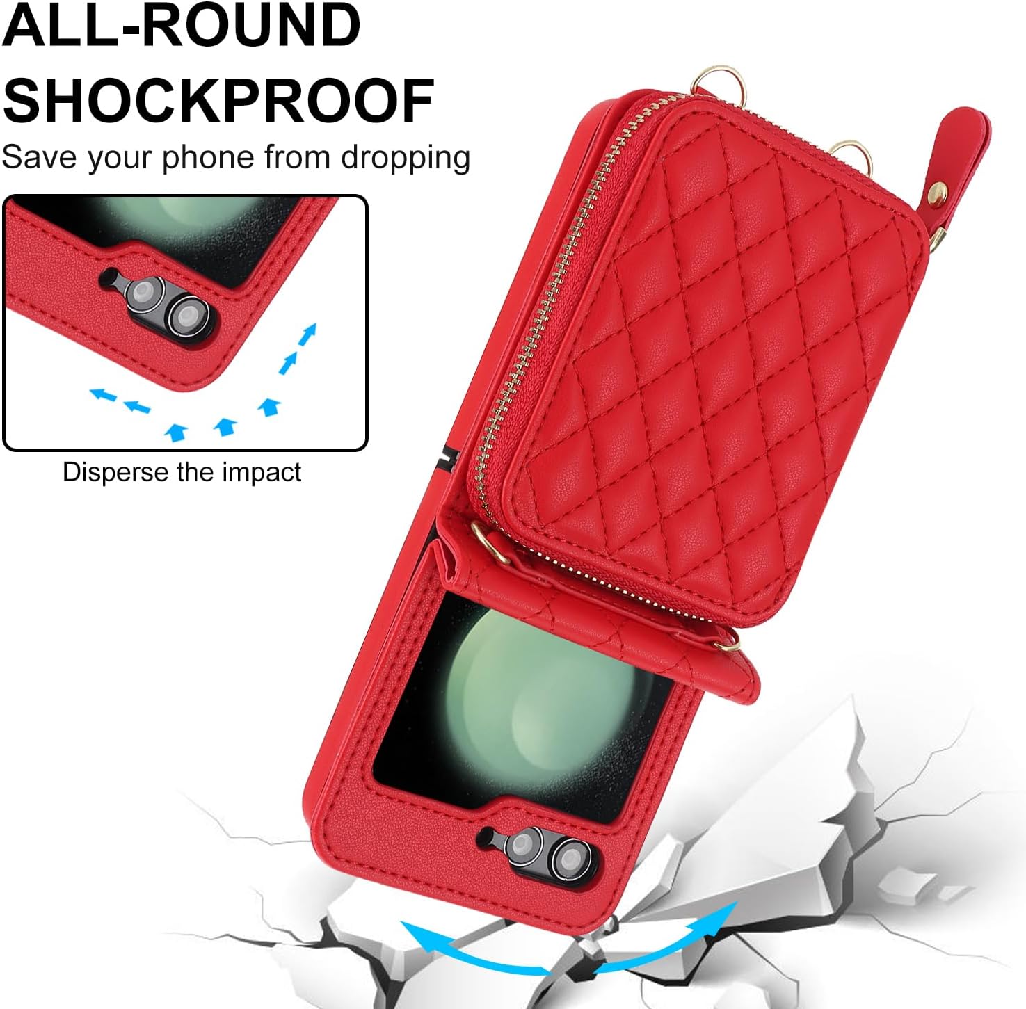 for Samsung Galaxy Z Flip 5 Zipper Wallet Case with Accordion Card Holder, 8 Card Slots Large Capacity and Anti-Theft Security.(Red)