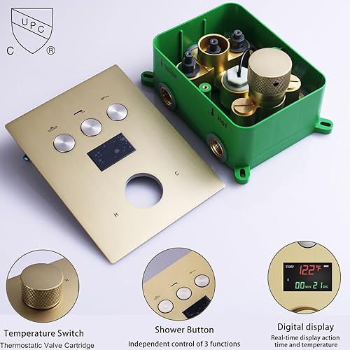 Miniatura 4 de Sistema de ducha con chorros de cuerpo, juego de grifo de ducha dorado cepillado de 12 pulgadas, montaje en techo, grifo de ducha de lluvia,