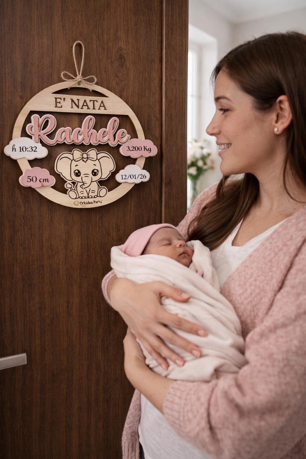 Orkidea Party Fiocco Nascita per Bimba o Bimbo in Legno Personalizzabile, Decorazione Camera, Primo Regalo, per Baby Shower, per Feste.Circa 30cm di Diametro.Made in Italy