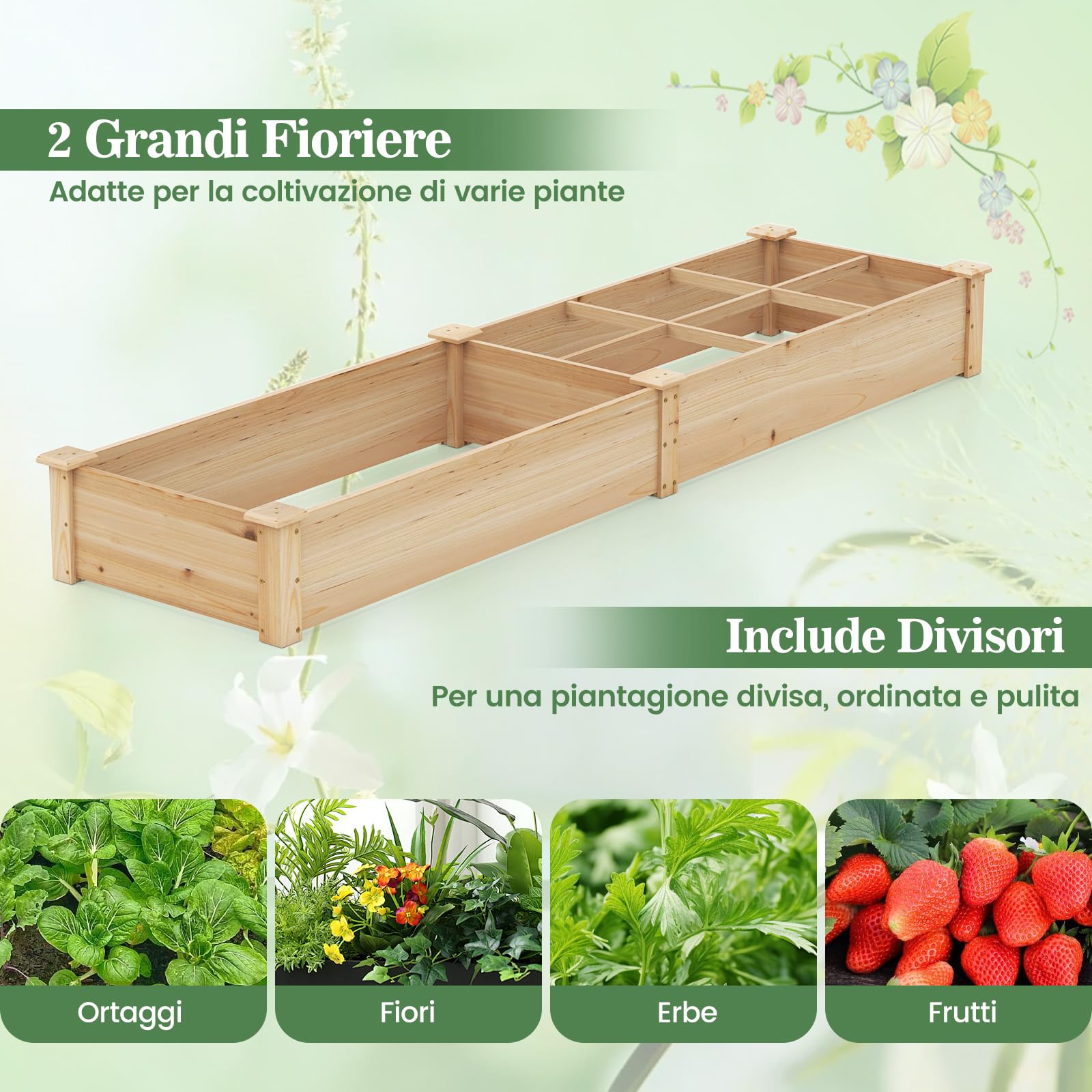 COSTWAY Lettino da Giardino Elevato in Legno con 2 Scatole per Piante e Separatori, Fioriera da Giardino Rialzato in Legno Massiccio da 228 cm per Fiori, Verdure, Frutta e Erbe (Naturale)