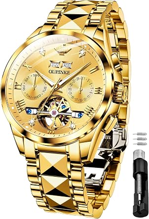OUPINKE Mens Gold Automatic Wrist Watches Tourbillon Skeleton Mechanical Luxury Dress Self Winding Waterproof Luminous Calendar Sapphire Crystal Diamond Tungsten Steel Best Gifts for Men Watch