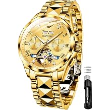 OUPINKE Mens Gold Automatic Wrist Watches Tourbillon Skeleton Mechanical Luxury Dress Self Winding Waterproof Luminous Calendar Sapphire Crystal Diamond Tungsten Steel Best Gifts for Men Watch