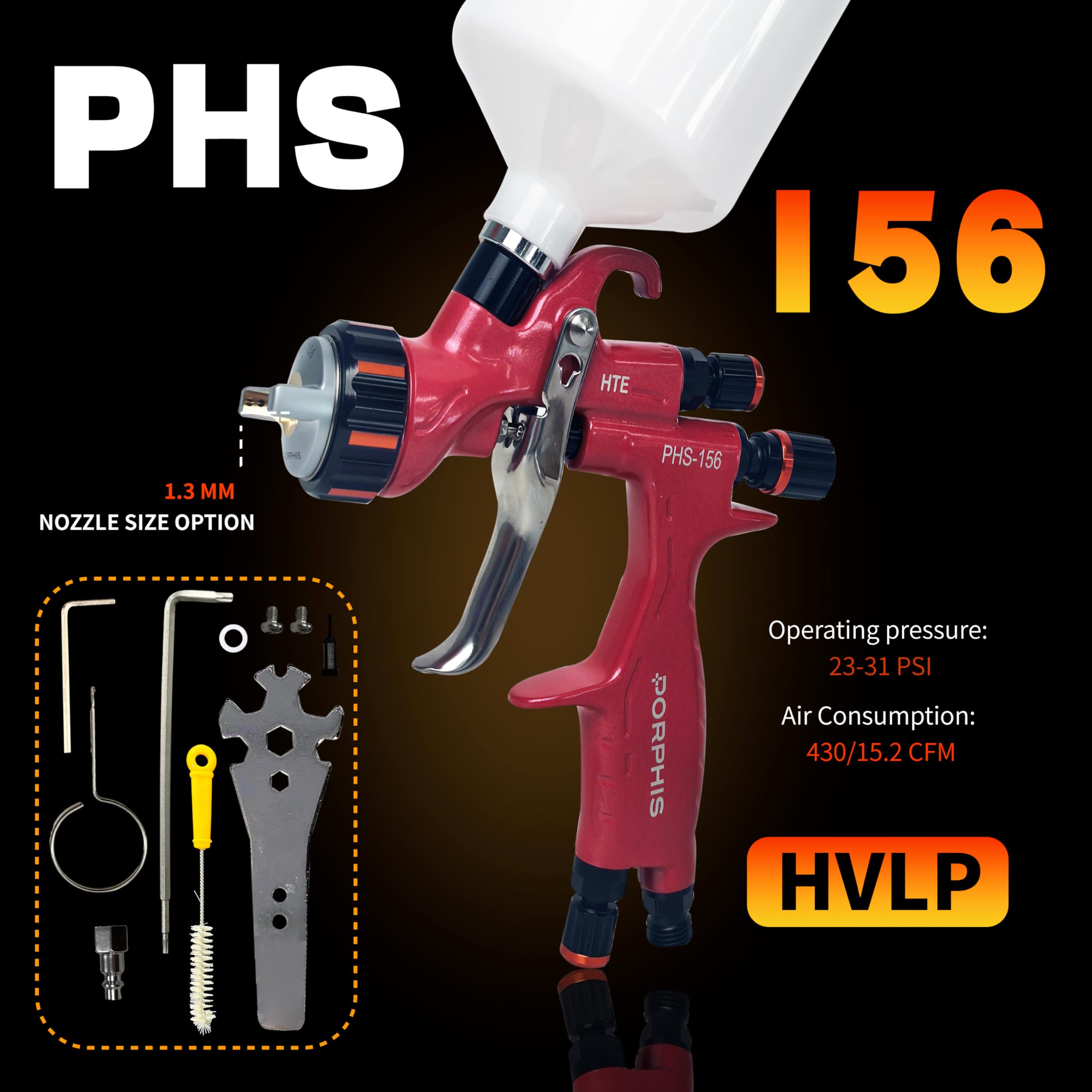 Pistola de pulverización HVLP PHS-156 de presión media de 1,3 mm, color rojo