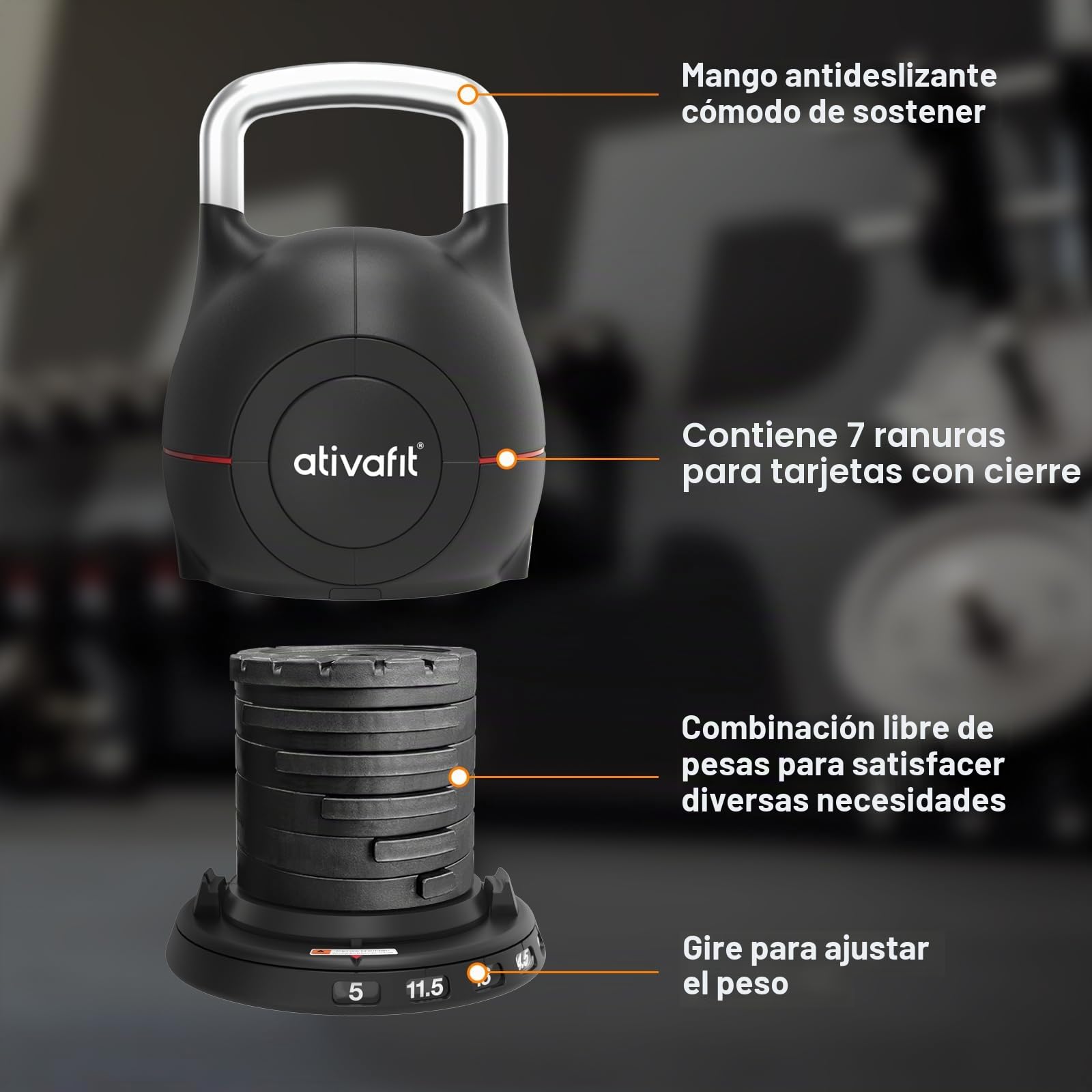 ATIVAFIT Pesa Rusa Kettlebell Ajustable 7 en 1 (2-20 kg), Varilla de Aluminio Macizo, Ajuste Rápido con Mosquetón de Seguridad, Agarre Ergonómico, Ahorro de Espacio para Gimnasio en Casa