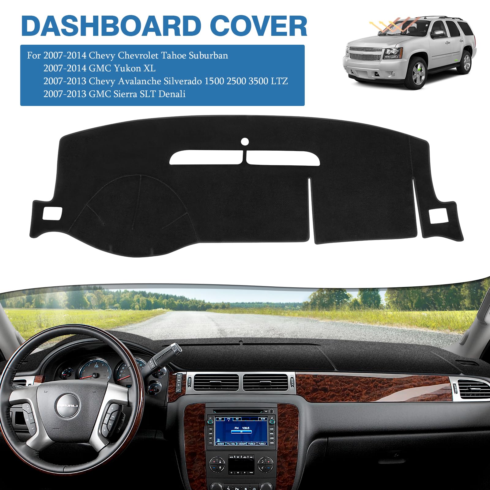 FIILINES Armaturenbrettabdeckung für Chevy Chevrolet Tahoe Suburban/GMC Yukon XL, 2007–2014 Chevy Lawine, Silverado 1500, 2500, 3500 LTZ/GMC Sierra SLT Denali, Armaturenbrettmatte, Passzubehör,