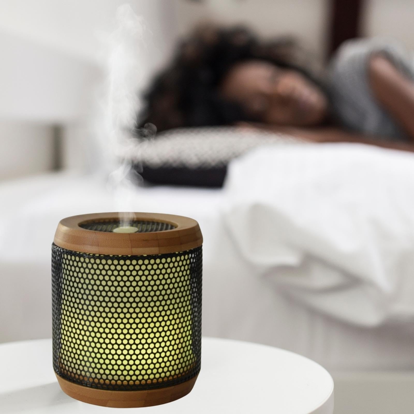 Zen'Aromat dyfuzor olejków eterycznych Elipsja - ultradźwiękowy dyfuzor aromaterapia na zimno - Elektryczny dyfuzor zapachowy do domu - wielofunkcyjne oświetlenie LED - naturalne materiały bambusowe i