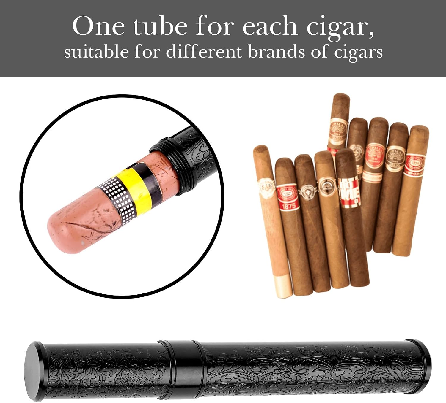 Linkidea Zinc Alloy Vintage Stripe Pattern Cigar Holder Case, Men's Airtight Single Tube, Portable Travel Cigar Case Compatible with 50 Ring Gauge Cigars (Black)