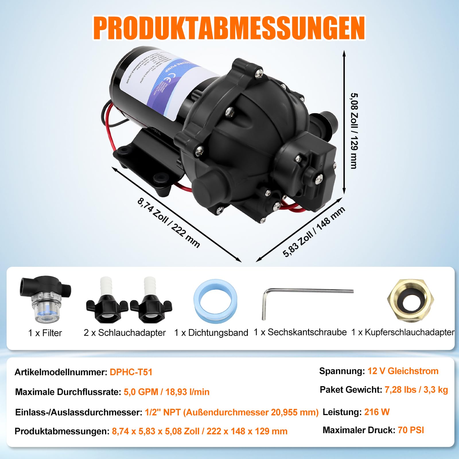 12-V-Membranpumpe, RV-Wasserpumpe, 5,0 GPM / 18,93 L/min, 70 PSI Wasserpumpe selbstansaugend mit Druckschalter, 1/2 Zoll MNPT-Anschluss, für Wohnmobil, Yacht, Imbisswagen, Camper, Marine