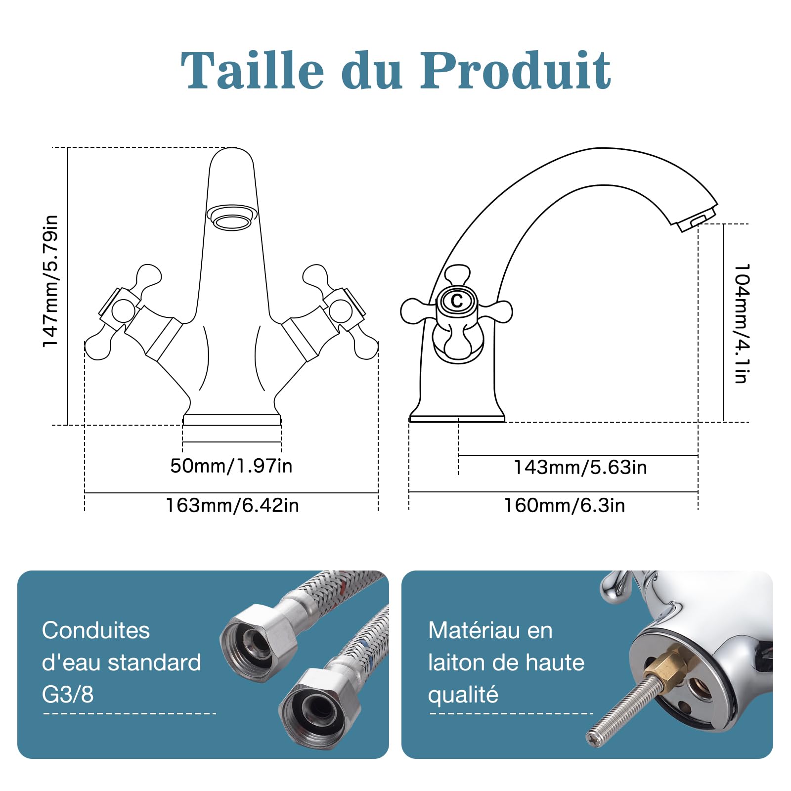 Robinet de Lavabo Rétro, Mitigeur Lavabo Double Poignée, Robinet D'évier de Salle de Bain, Robinetterie de Lavabo avec Eau Chaude et Froide Disponible, Chromé