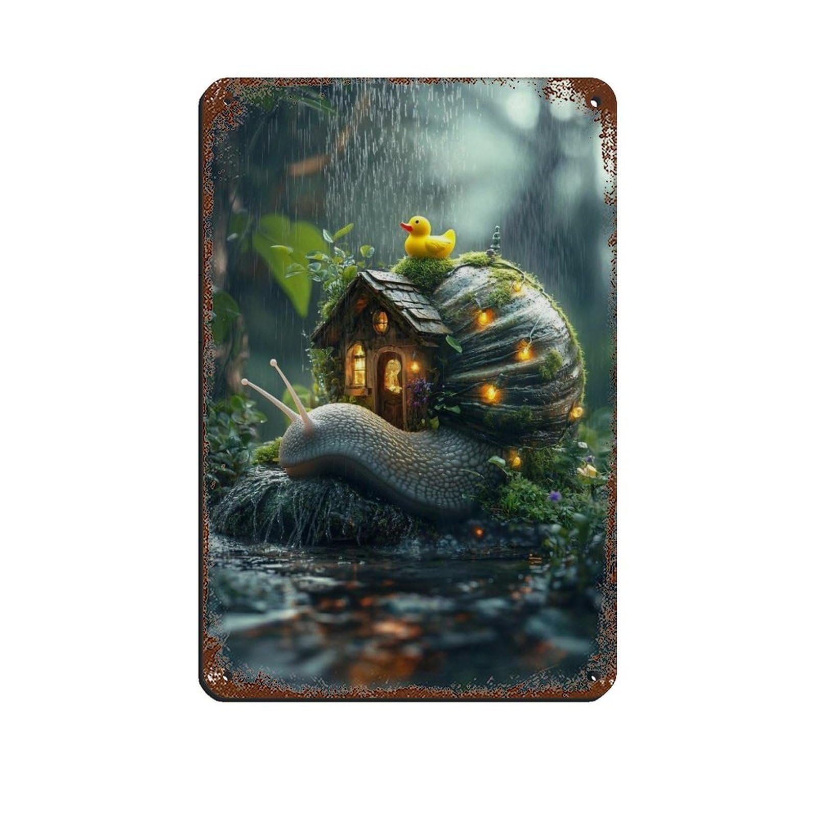 Lxwnze 20L X 30W Cm Enchanted Snail Home,Fantasy Forest Scene Retro Poster Metal Tin Sign Chic Art Retro Iron Painting Bar People Cave Cafe Family Garage Poster Wall Decoration 8X12inch(20X30cm)