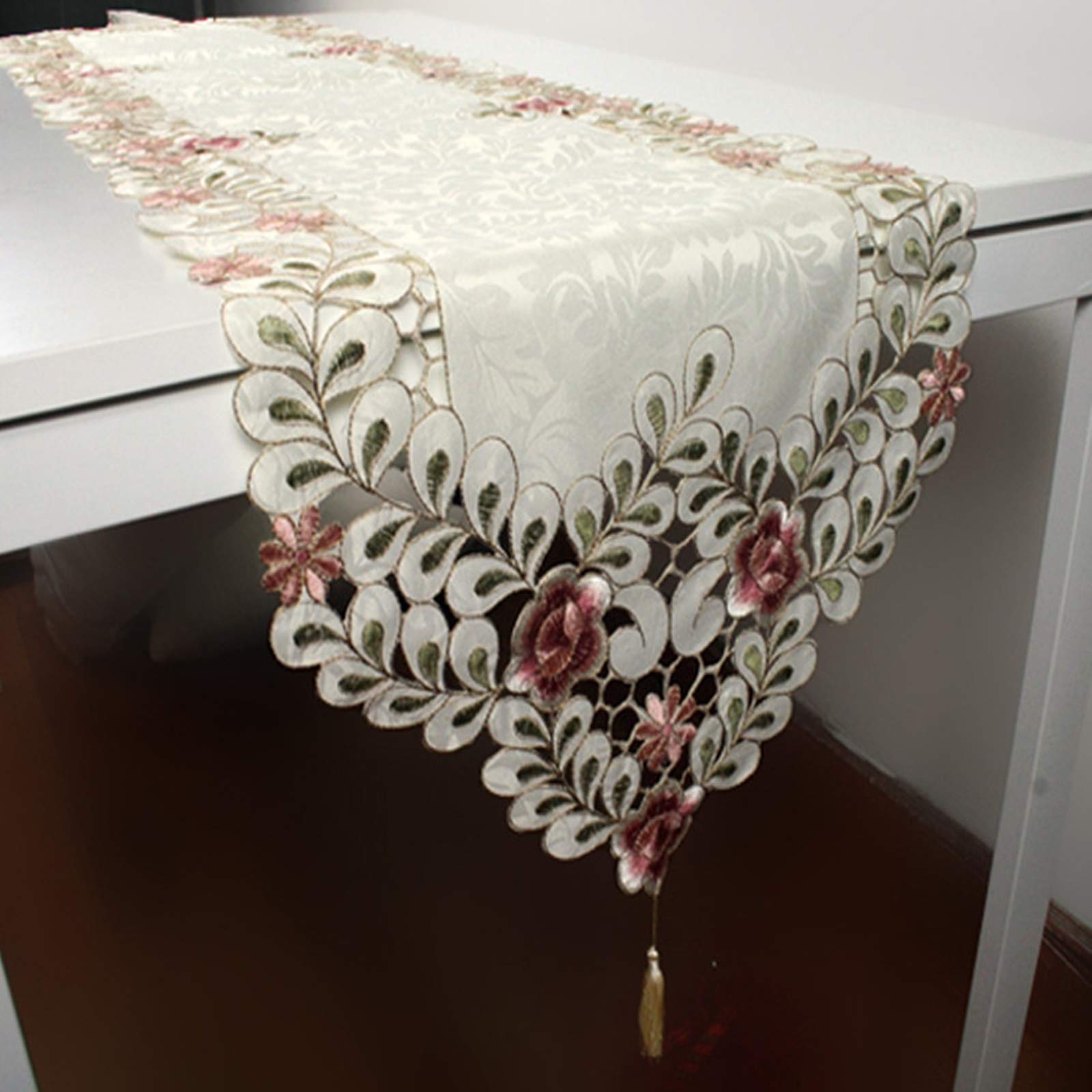 Jedwabny bieżnik na stół, bieżnik na stół 40 x 200 cm, beżowy, biały, pusty wzór z frędzlami, świąteczny bieżnik na stół, nowoczesny