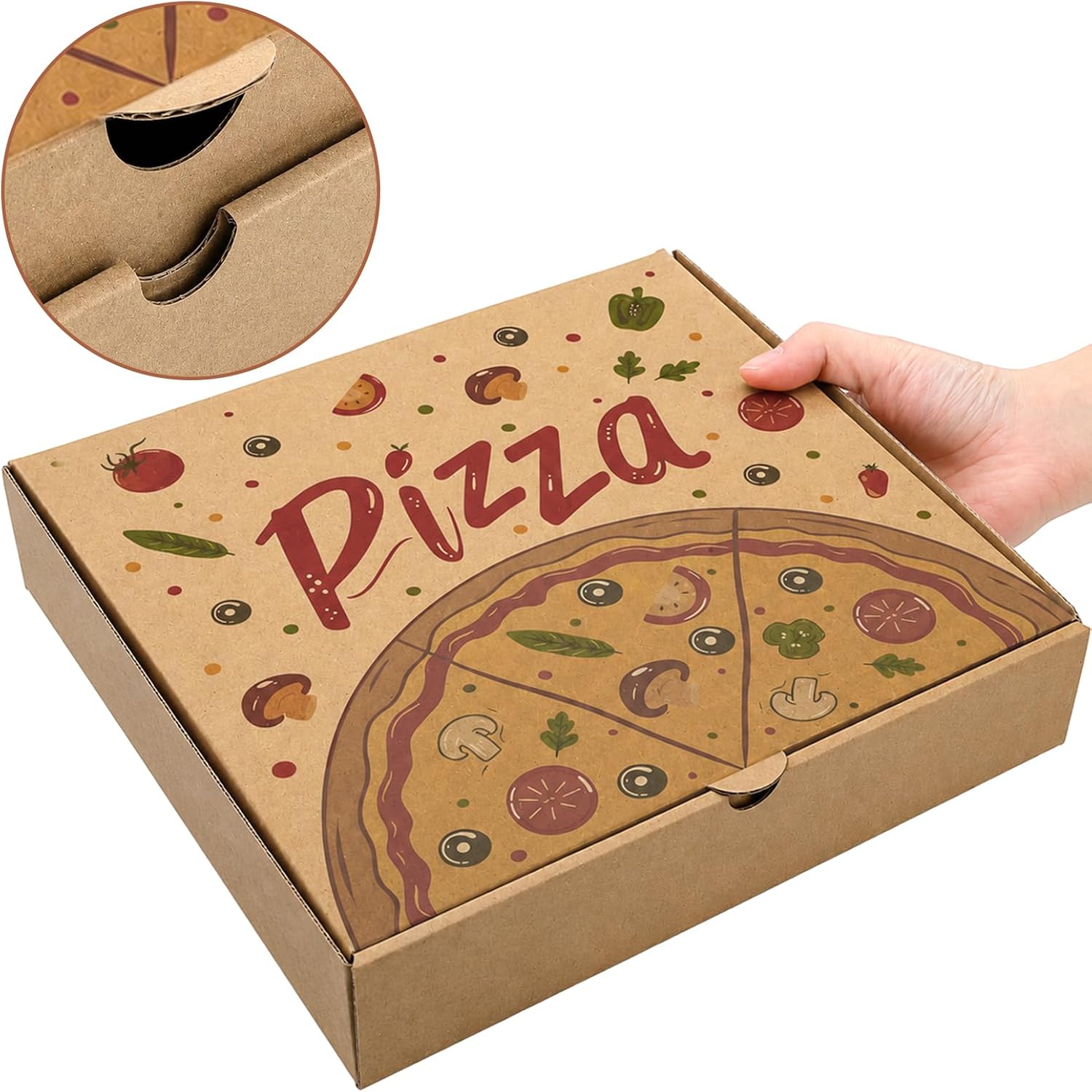 Covzoe 35 Pieces Pizza Boxes, 10 x 10 Inch Kraft Corrugated Box | Cardboard Takeout Containers with Unique Print, Food Packing Boxes for Pizza, Snack, Cookie, Parties, Home Use