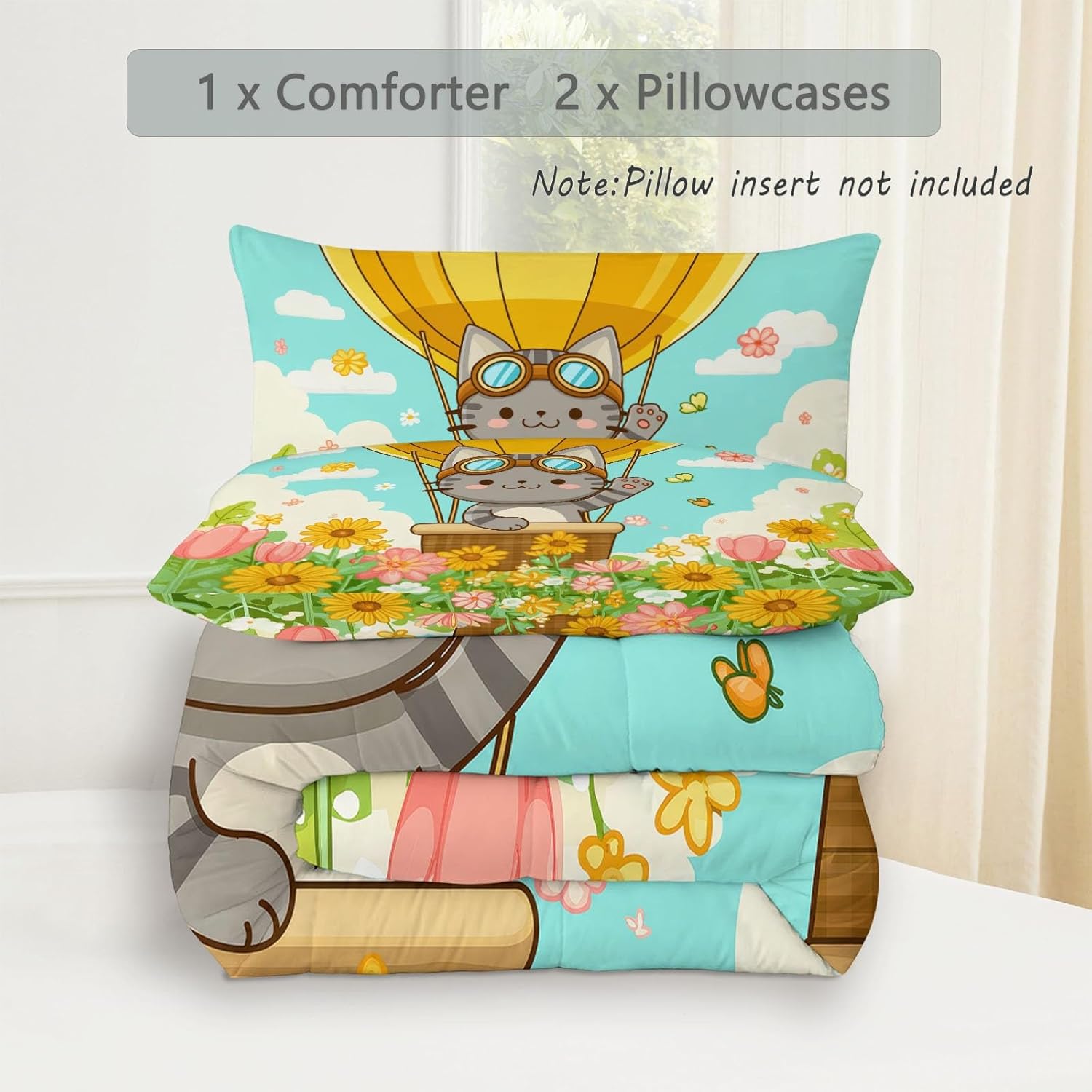 Bedding Set Queen Lightweight Soft 3 Piece Cartoon Animals Cats Plants Flower Fields Comforter Set with 2 Pillow Covers, Quilt Breathable Multicolor Comforter (90" x 90") for Girls Boys Kids