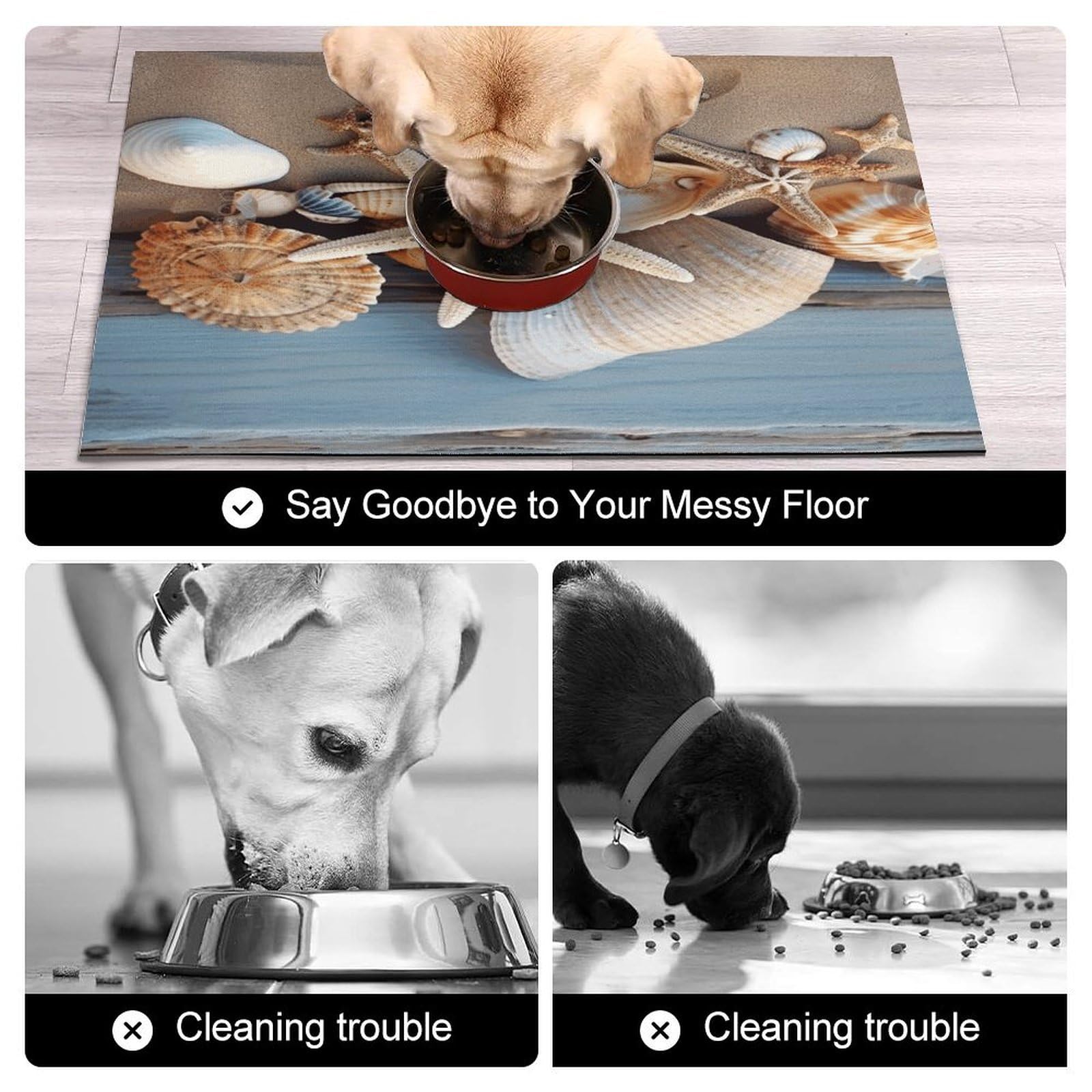 Tapis de nourriture pour chat en forme d'étoile de mer et de coquillages - Antidérapant - Facile à nettoyer pour la nourriture et l'eau - 43,2 x 76,2 cm