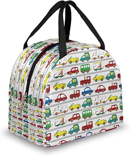 Cartoon Colorful Car Lunch Tote Bag for Women Adult Men Transport Insulated Lunch Box Small Leakproof Cute Lunchbox Cooler Bag Reusable Lunch Bag