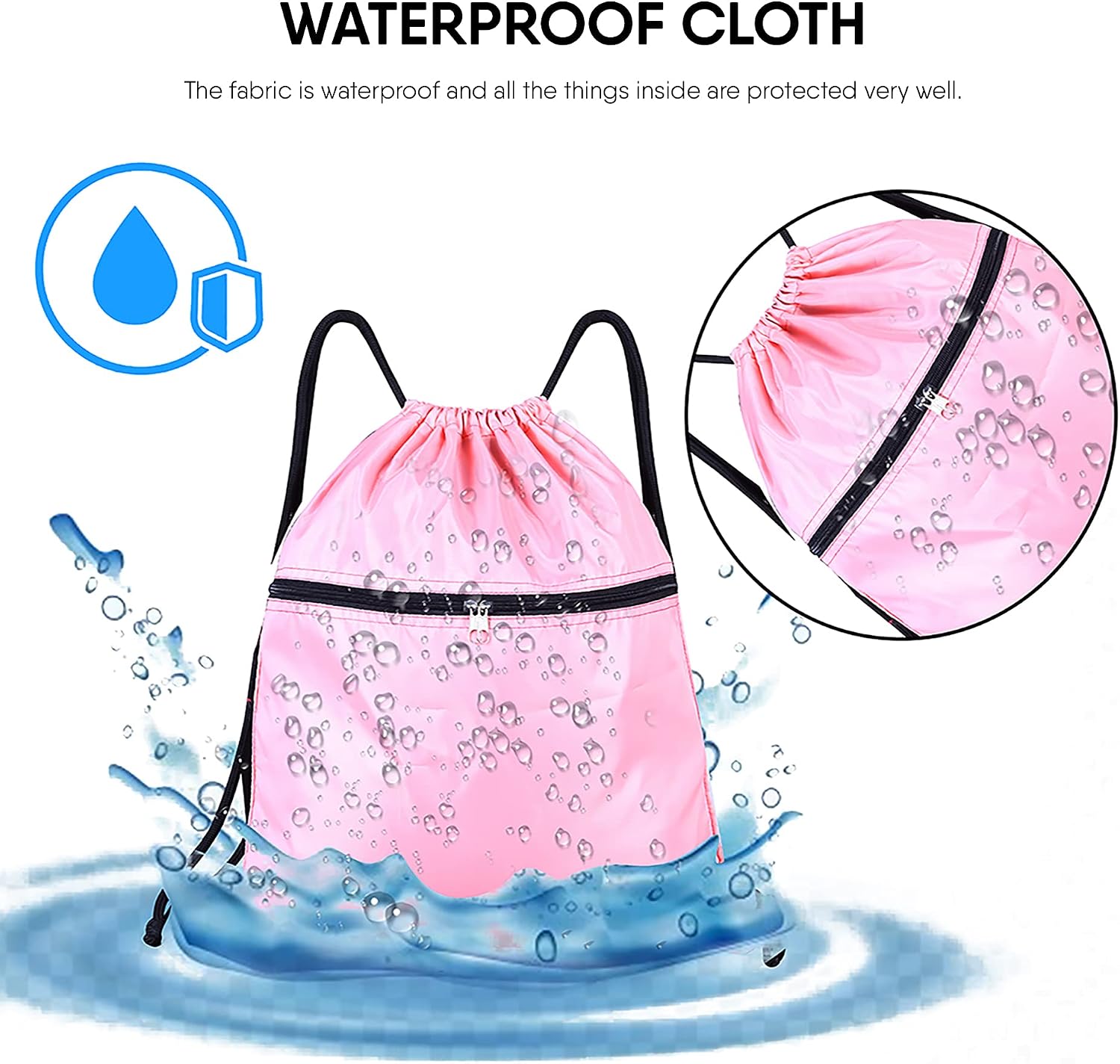SAWANS Drawstring Bag String Gym Sack Drawstring Sports Bag Swim Men Women Sack Outside Pocket Zipper PE Backpack Beach School Holidays Swimming Travel Boy Girl Waterproof (Pink) - Image 5