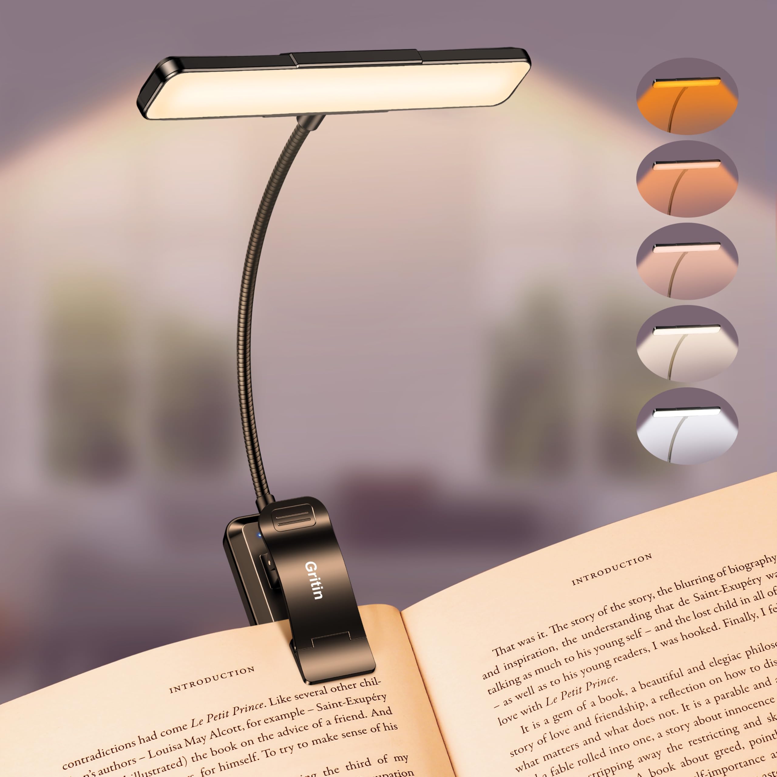 Gritin 2026 Gen 2 Leselampe Buch Klemme 32 Augenschonende Vollspektrum-LEDs, 5 Helligkeit & 5 Lichtfarbe, Einstellbar Breit/Schmal Lichtstrahl, 1500mAh Aufladbar Akku, Buchlampe für Bücherliebhaber