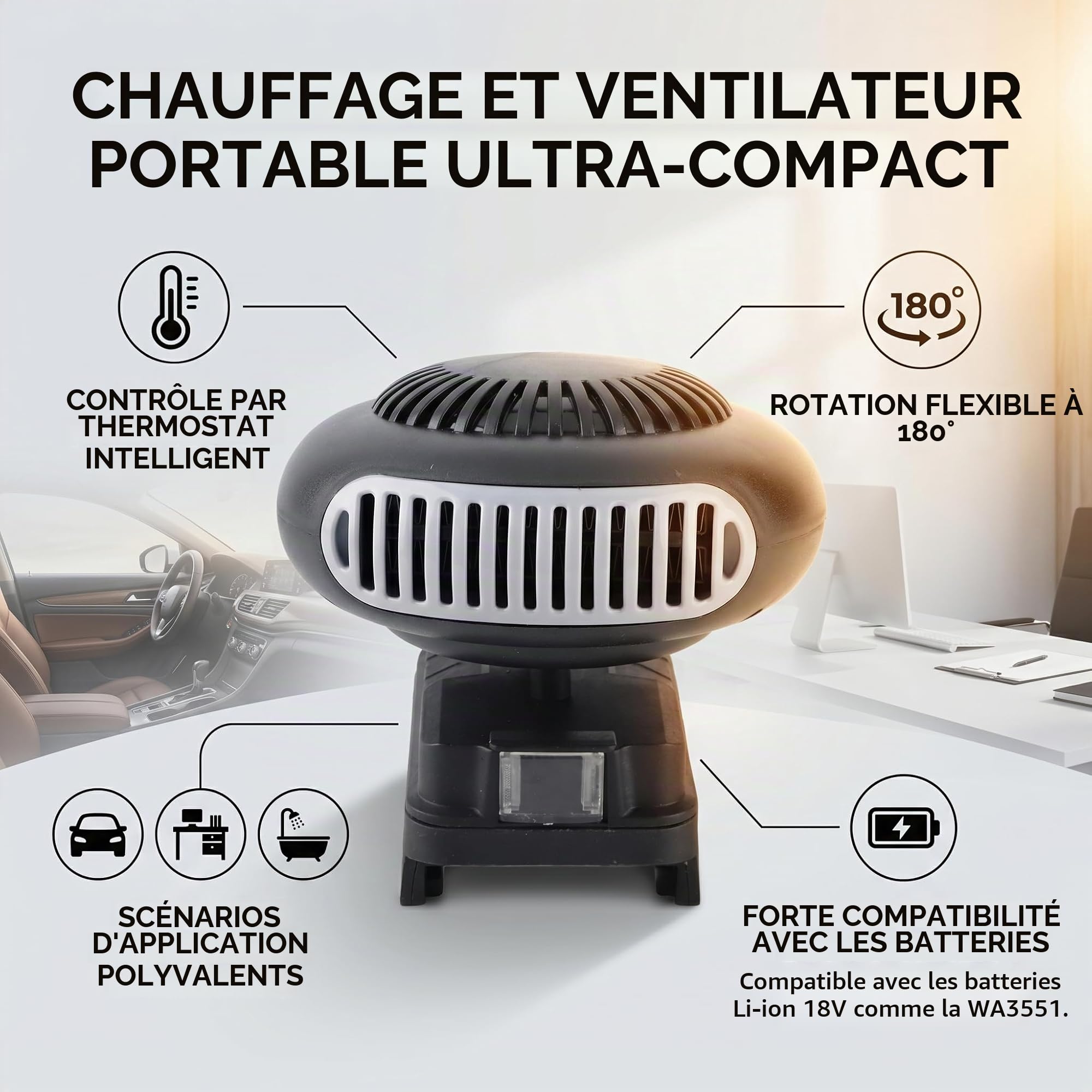Chauffage de Voiture Portable 170W, Thermostat Réglable à 2 Niveaux, Tête Rotative, Silencieux, avec Ports USB