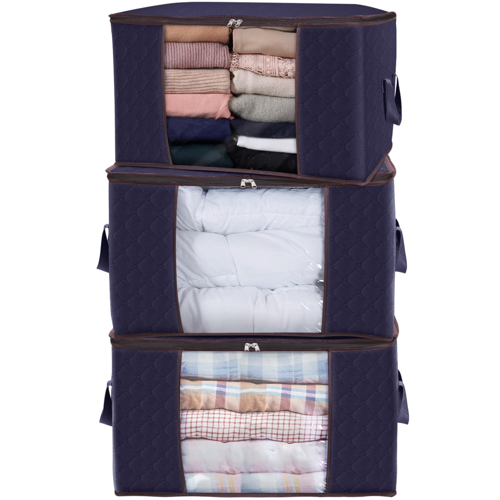 Sac De Rangement Non Tissé 100 L Avec Zip - Pour Couette, Vêtements, Déménagement, Bleu, Grande Capacité