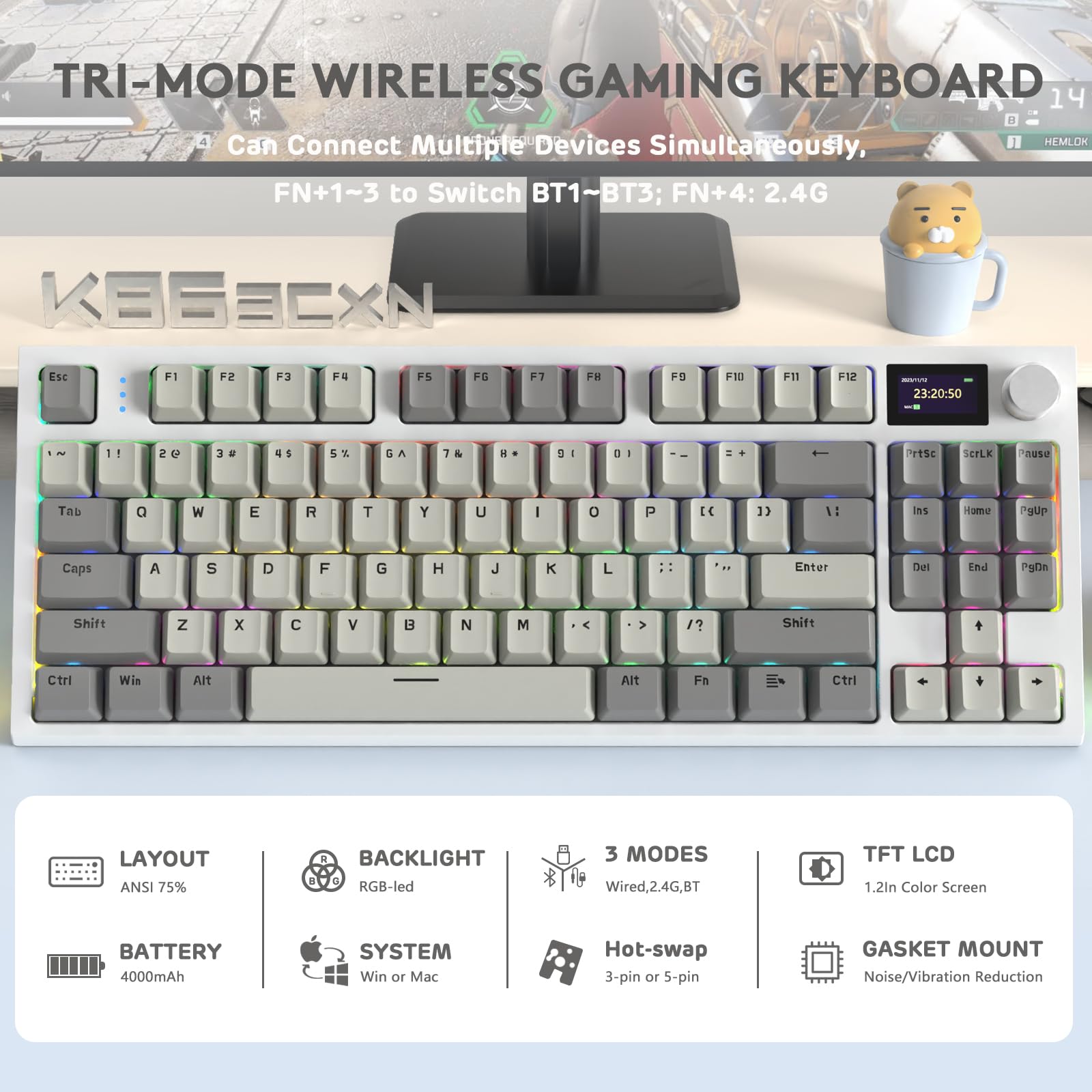 ATTACK SHARK K86 Teclado Mecánico Wireless 75%, Teclado para Juegos Tri-Modo con 2.4G/BT5.0/USB-C Cable, QWERTY TKL 87 Tecla, Pantalla TFT HD de 1.2' y Perilla, RGB Hot-Swap Linear Switch - Gris