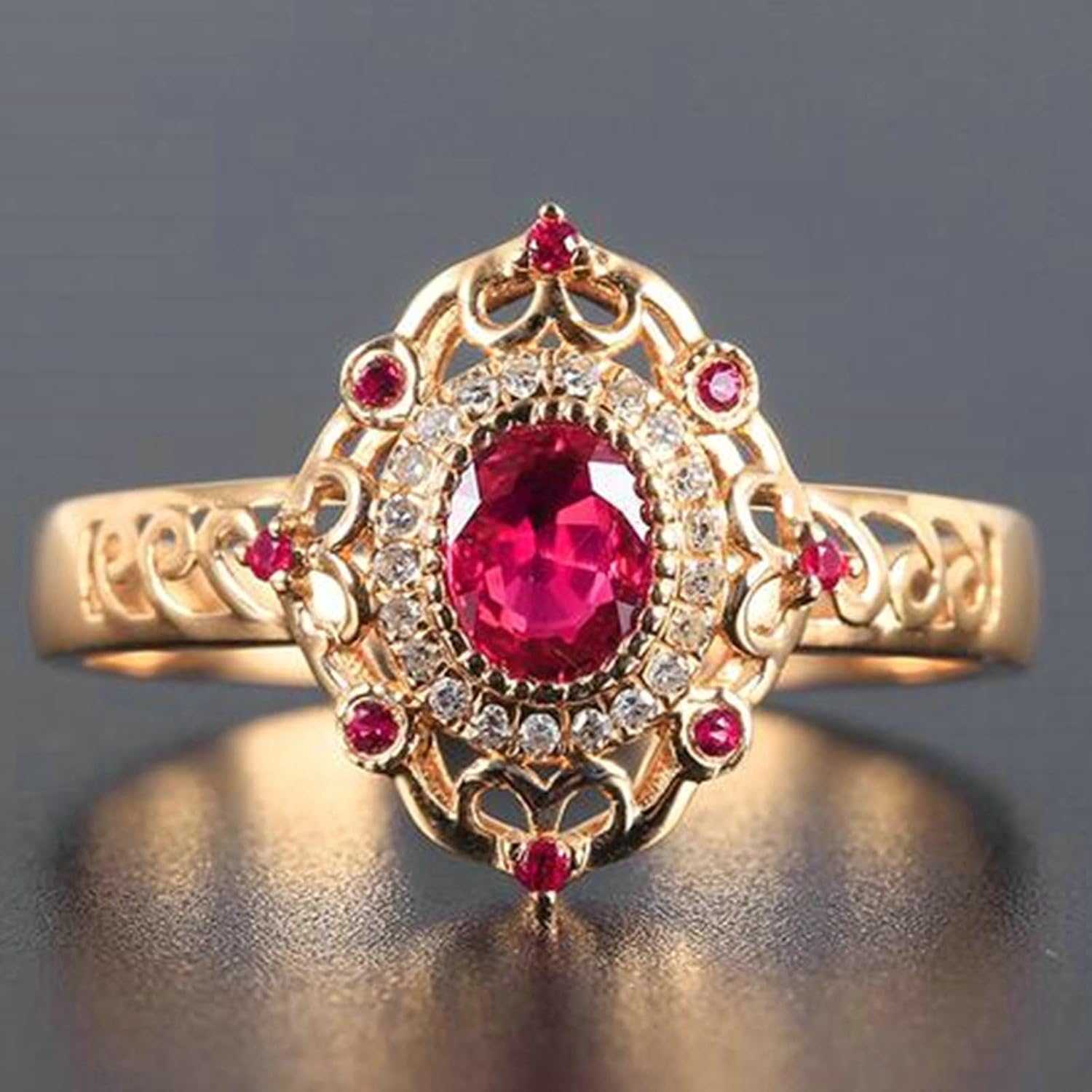 9K Rose Gold Engagement Rings for Women, Women's Promise Ring Hollow Design 0.4ct Oval Red Lab Created Ruby and Moissanite Ring Rose Gold image 4